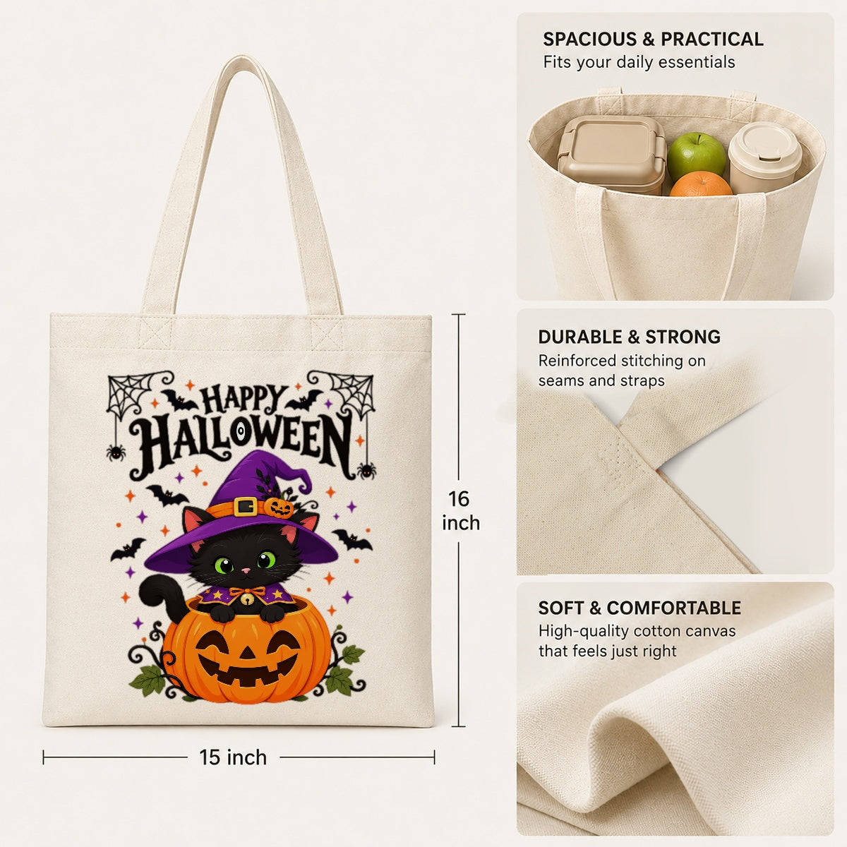 Happy Halloween Black Cat Witch Tote Bags Cute Pumpkin Kitty Spooky Season Reusable Shopping Bag Halloween Gift For Cat Lovers Women Trick Or Treat Bag | teecentury