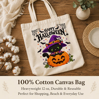 Happy Halloween Black Cat Witch Tote Bags Cute Pumpkin Kitty Spooky Season Reusable Shopping Bag Halloween Gift For Cat Lovers Women Trick Or Treat Bag | teecentury