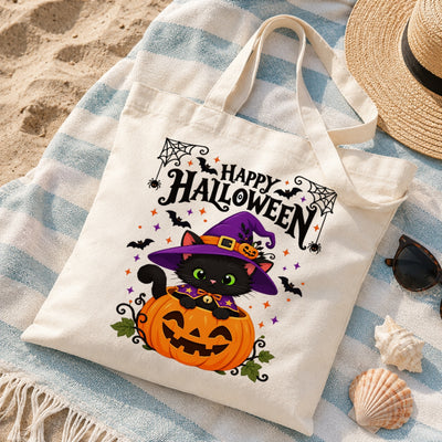Happy Halloween Black Cat Witch Tote Bags Cute Pumpkin Kitty Spooky Season Reusable Shopping Bag Halloween Gift For Cat Lovers Women Trick Or Treat Bag | teecentury