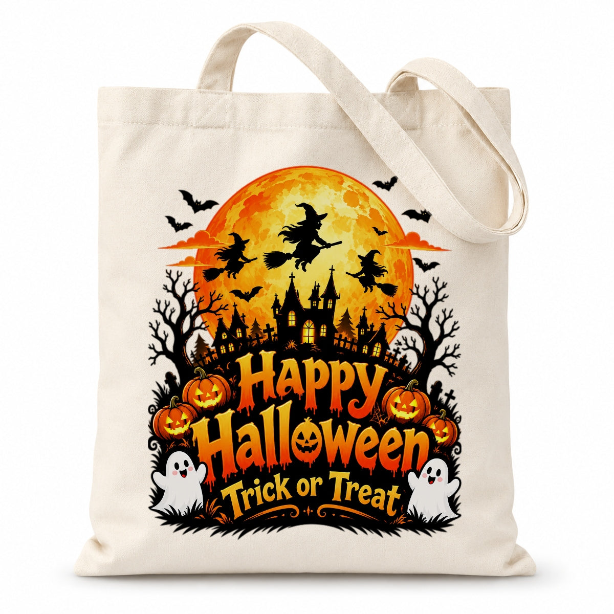 Happy Halloween Trick Or Treat Canvas Tote Bag Spooky Moon Witch Pumpkin Ghost Bat Haunted House Reusable Bags Women Fall Candy Corn Party Gift Shoulder Bag | teecentury