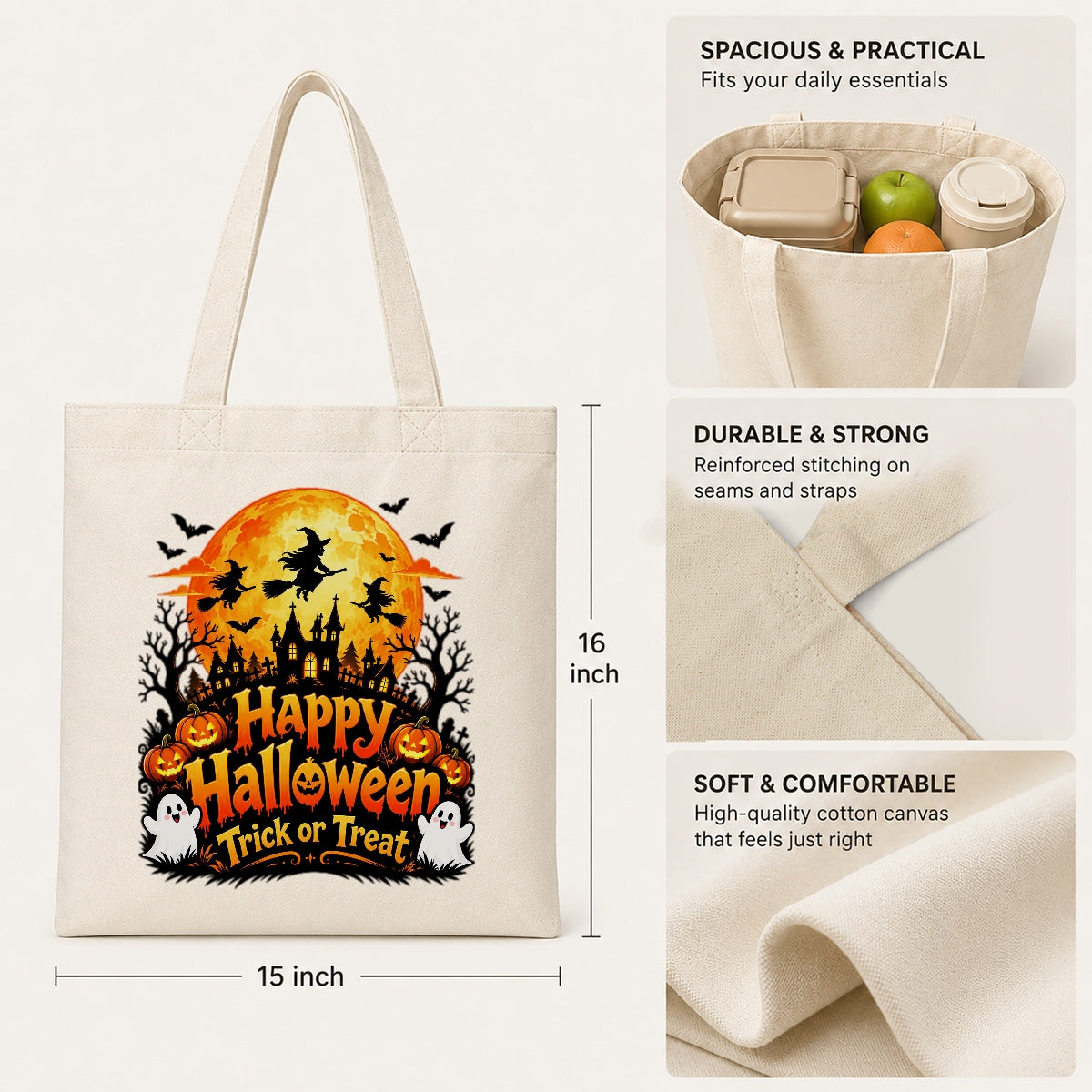 Happy Halloween Trick Or Treat Canvas Tote Bag Spooky Moon Witch Pumpkin Ghost Bat Haunted House Reusable Bags Women Fall Candy Corn Party Gift Shoulder Bag | teecentury