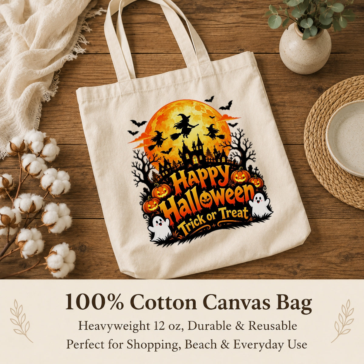 Happy Halloween Trick Or Treat Canvas Tote Bag Spooky Moon Witch Pumpkin Ghost Bat Haunted House Reusable Bags Women Fall Candy Corn Party Gift Shoulder Bag | teecentury