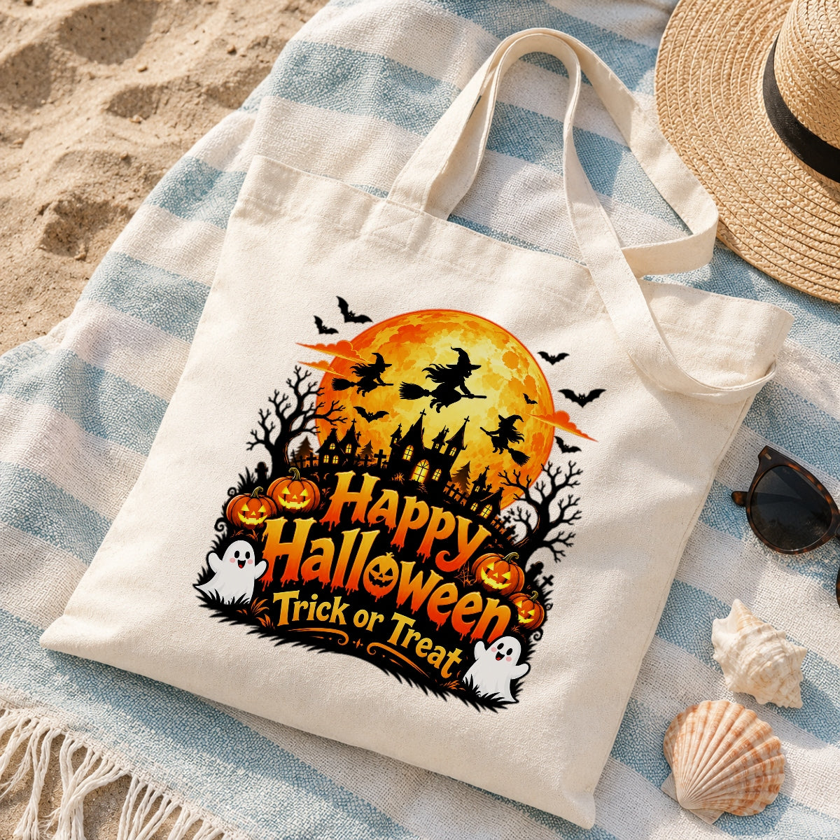 Happy Halloween Trick Or Treat Canvas Tote Bag Spooky Moon Witch Pumpkin Ghost Bat Haunted House Reusable Bags Women Fall Candy Corn Party Gift Shoulder Bag | teecentury