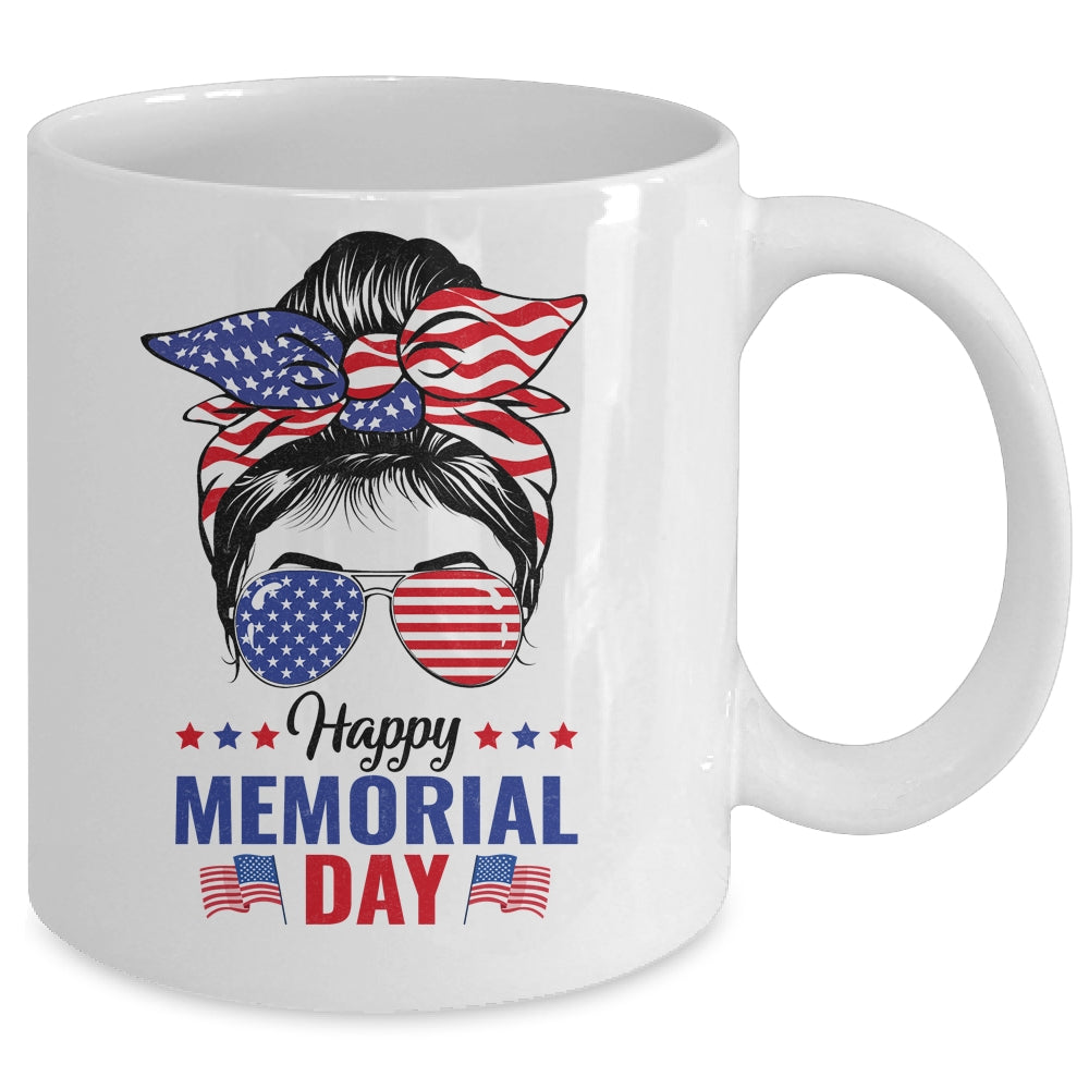 Happy Memorial Day 4th Of July Messy Bun American Flag Mug | teecentury