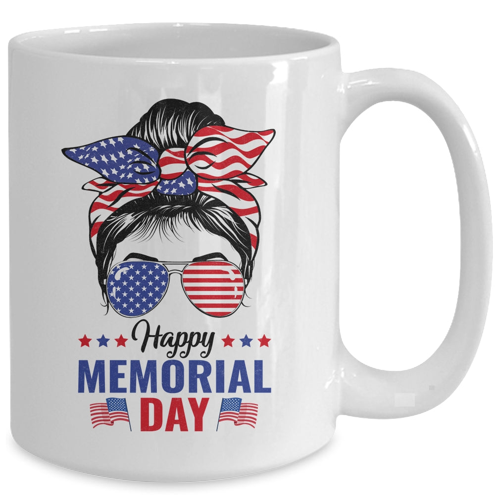 Happy Memorial Day 4th Of July Messy Bun American Flag Mug | teecentury