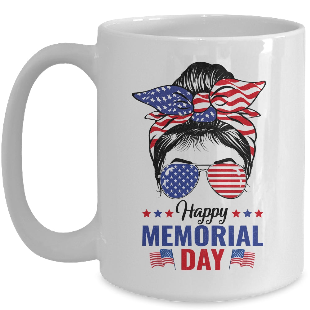 Happy Memorial Day 4th Of July Messy Bun American Flag Mug | teecentury