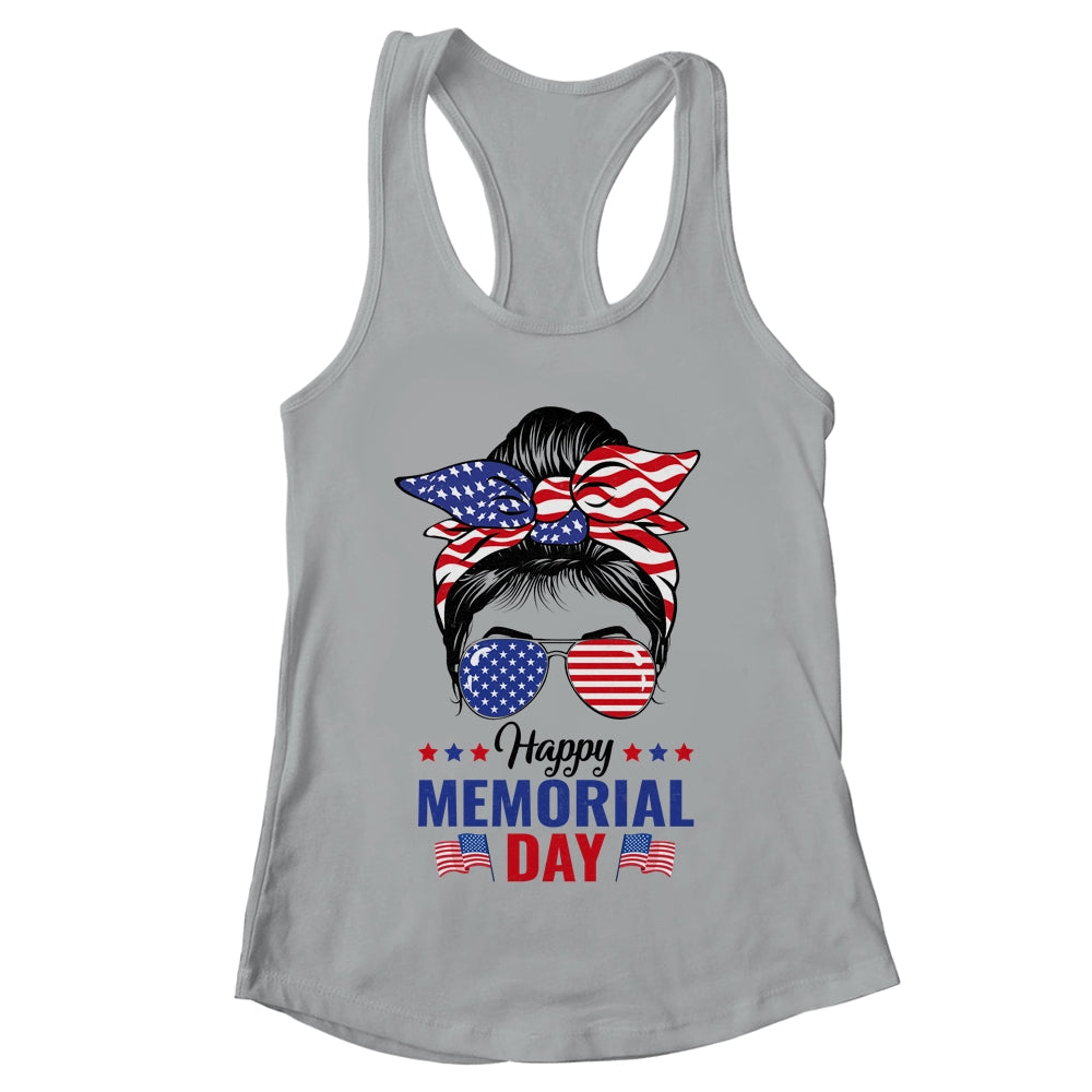 Happy Memorial Day 4th Of July Messy Bun American Flag Shirt & Tank Top | teecentury