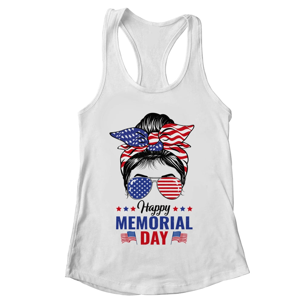 Happy Memorial Day 4th Of July Messy Bun American Flag Shirt & Tank Top | teecentury