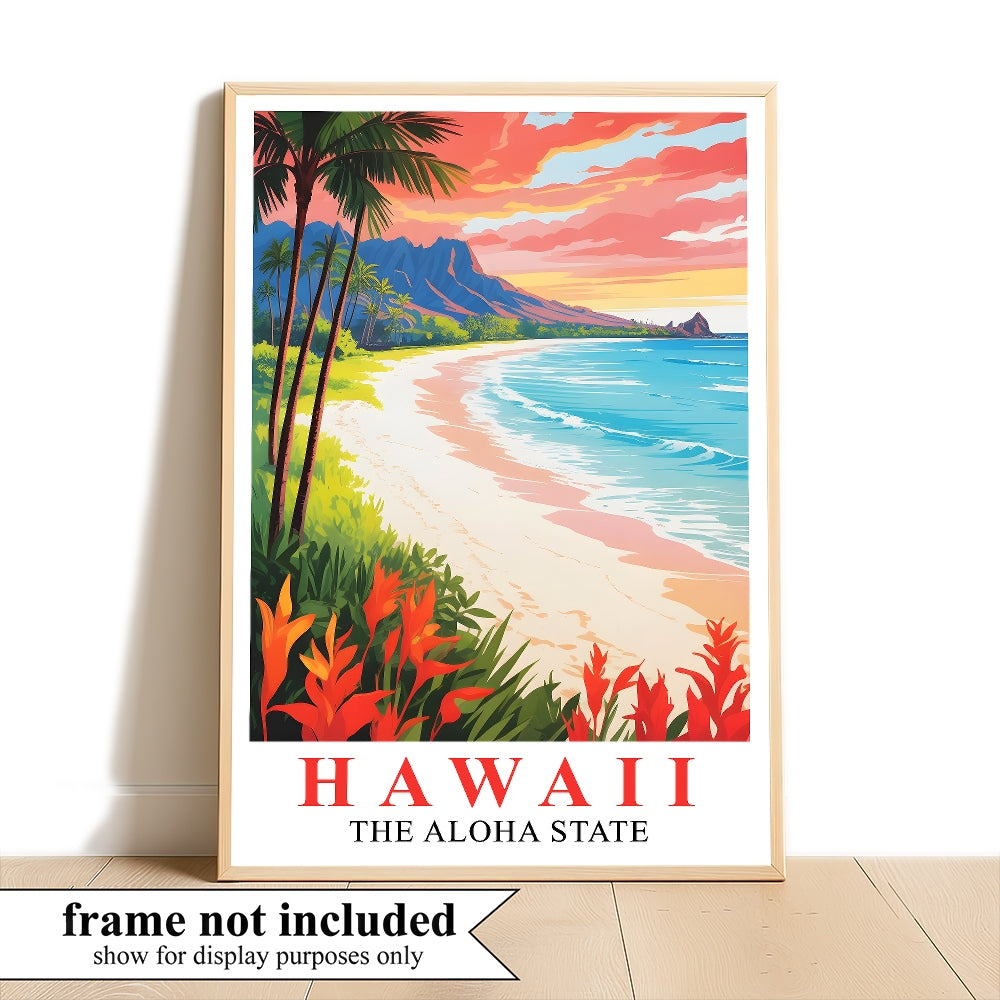 Hawaii Print Travel Poster Beach Sunset Tropical Aloha State Souvenir Wall Art Landscape Painting Picture Ideal Gift For Home Living Room Office Bedroom Decor Unframed | teecentury