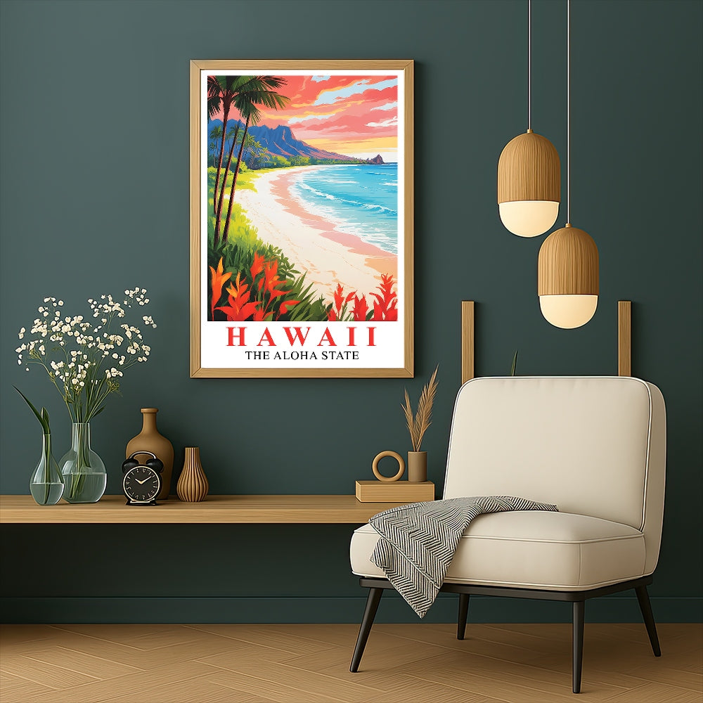 Hawaii Print Travel Poster Beach Sunset Tropical Aloha State Souvenir Wall Art Landscape Painting Picture Ideal Gift For Home Living Room Office Bedroom Decor Unframed | teecentury