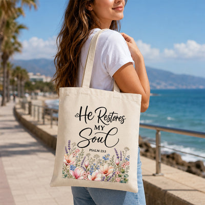 He Restores My Soul Psalm 23 3 Floral Christian Tote Bag For Women Bible Verse Canvas Bag Faith Church Gift Religious Inspirational Reusable Shopping Beach | teecentury