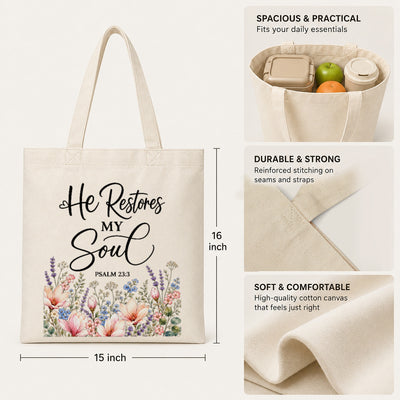 He Restores My Soul Psalm 23 3 Floral Christian Tote Bag For Women Bible Verse Canvas Bag Faith Church Gift Religious Inspirational Reusable Shopping Beach | teecentury