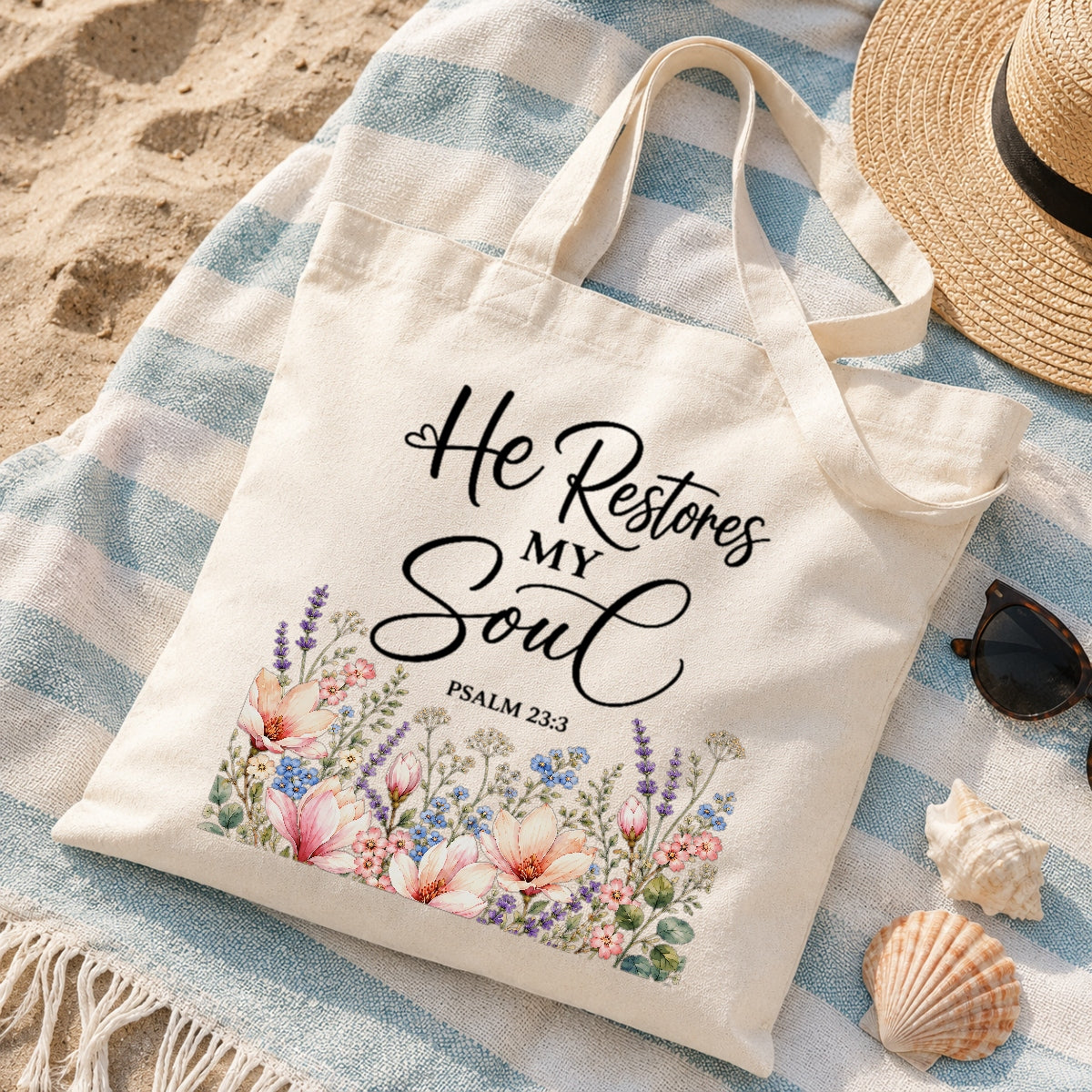 He Restores My Soul Psalm 23 3 Floral Christian Tote Bag For Women Bible Verse Canvas Bag Faith Church Gift Religious Inspirational Reusable Shopping Beach | teecentury