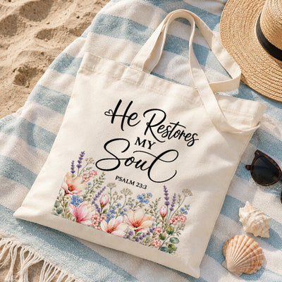 He Restores My Soul Psalm 23 3 Floral Christian Tote Bag For Women Bible Verse Canvas Bag Faith Church Gift Religious Inspirational Reusable Shopping Beach | teecentury