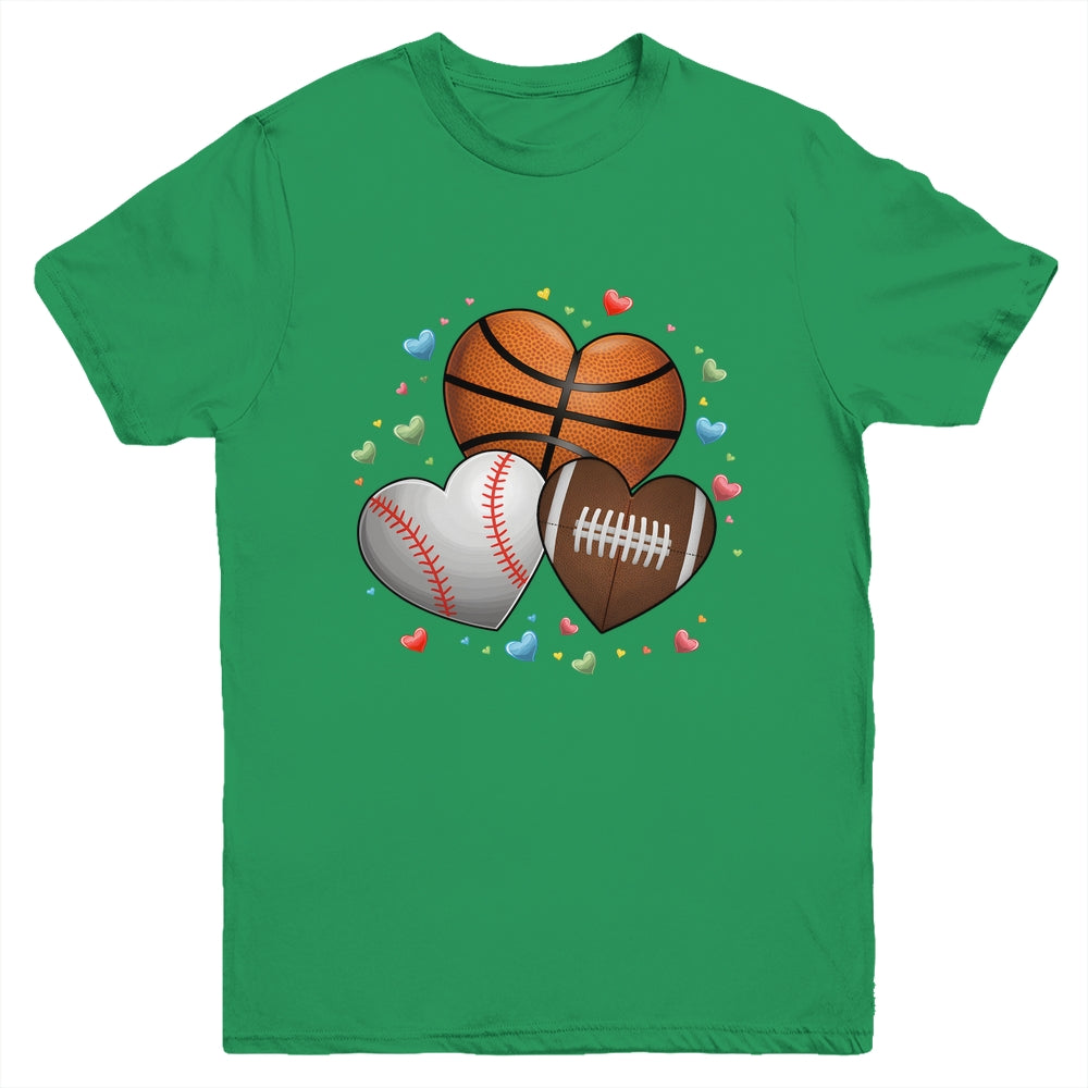 Heart Football Basketball Baseball Valentines Day Boys Mens Youth Shirt | teecentury
