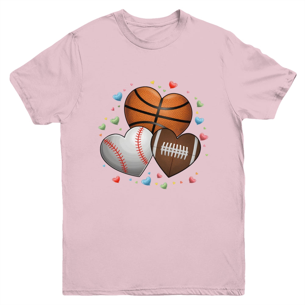 Heart Football Basketball Baseball Valentines Day Boys Mens Youth Shirt | teecentury
