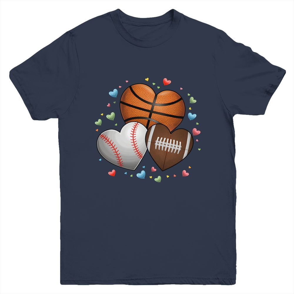 Heart Football Basketball Baseball Valentines Day Boys Mens Youth Shirt | teecentury