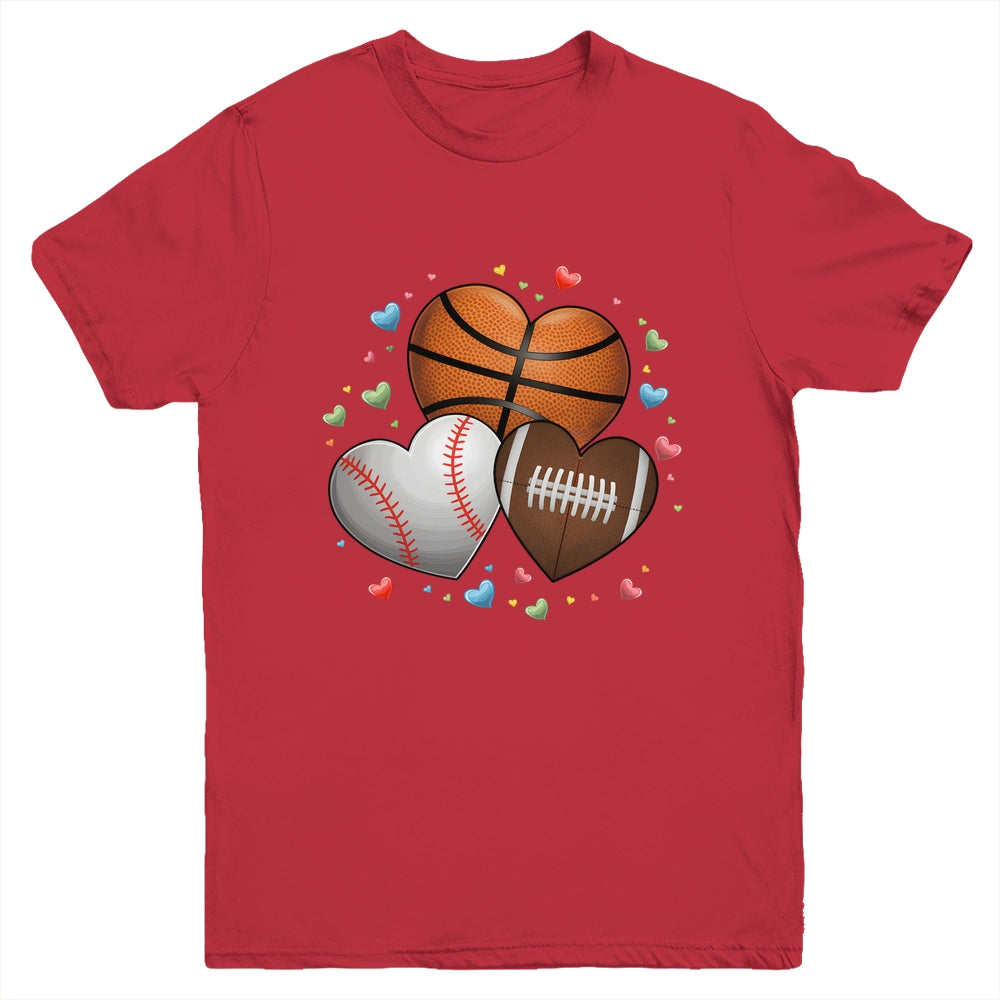 Heart Football Basketball Baseball Valentines Day Boys Mens Youth Shirt | teecentury
