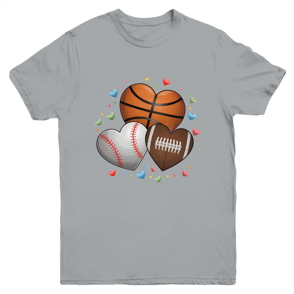 Heart Football Basketball Baseball Valentines Day Boys Mens Youth Shirt | teecentury