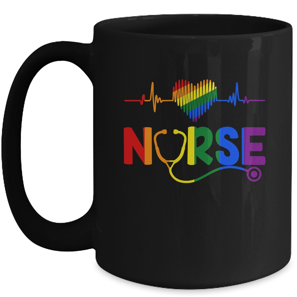 Heartbeat Rainbow Heart Gay Pride LGBT Medical Nurse LGBTQ Mug | teecentury
