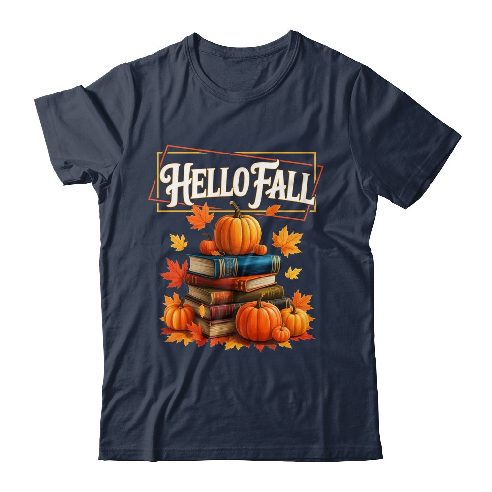 Hello Fall Pumpkin And Books Reading Lovers In Autumn Fall Shirt & Sweatshirt | teecentury
