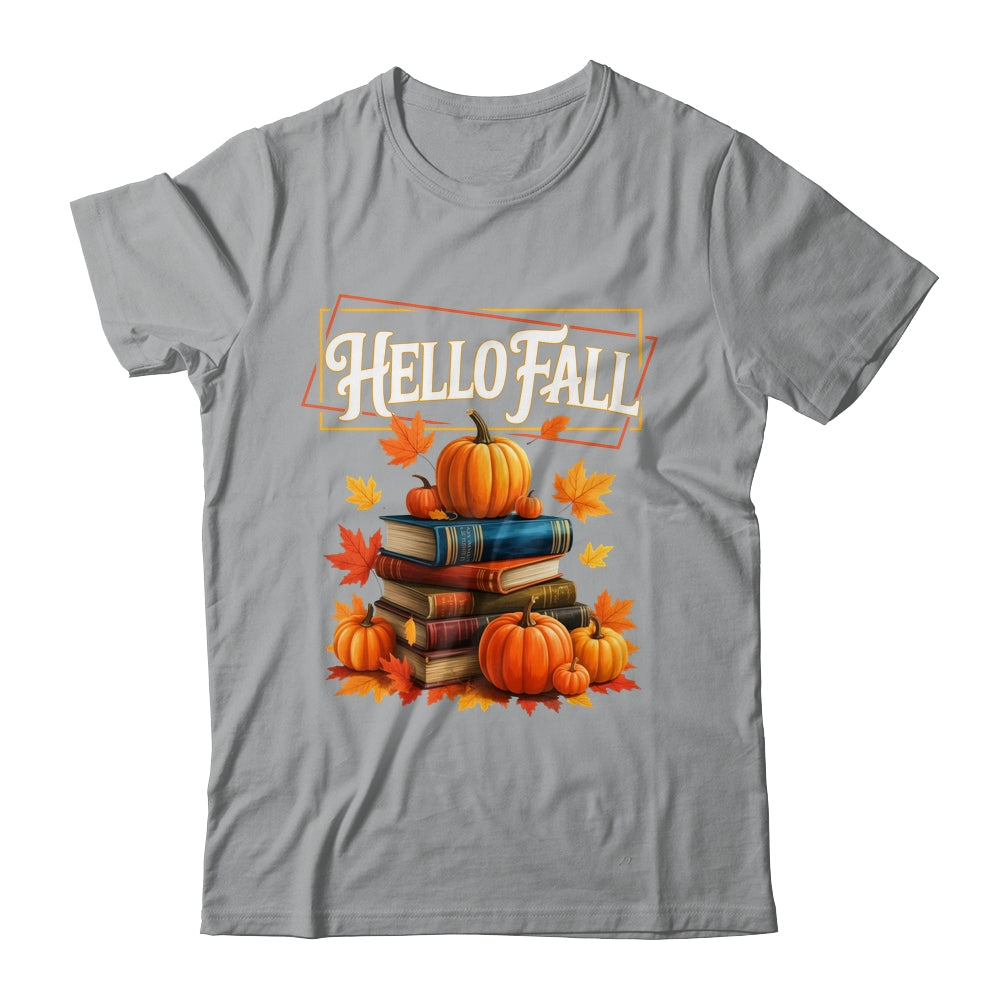 Hello Fall Pumpkin And Books Reading Lovers In Autumn Fall Shirt & Sweatshirt | teecentury