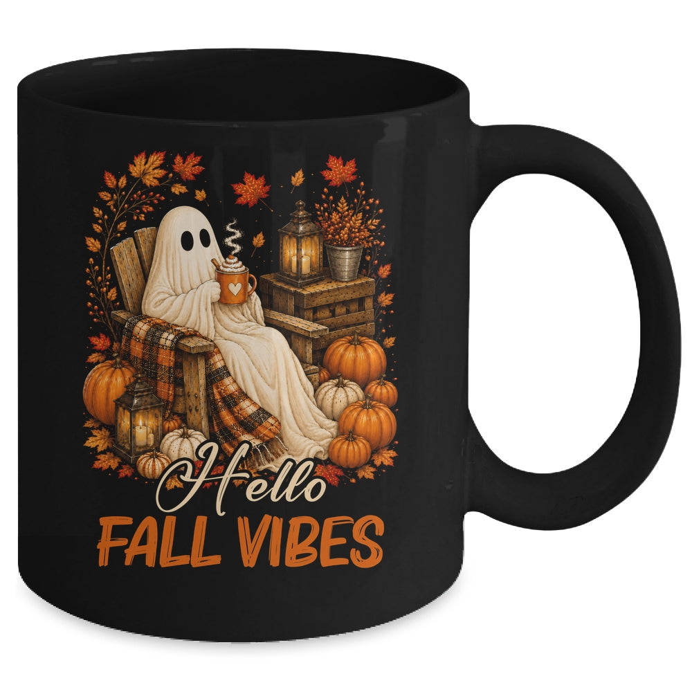 Hello Fall Vibes Ghost Cute Autumn Pumpkin Spooky Season Mug | teecentury