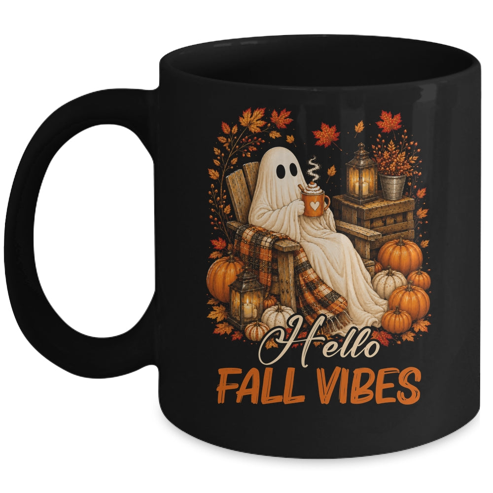 Hello Fall Vibes Ghost Cute Autumn Pumpkin Spooky Season Mug | teecentury