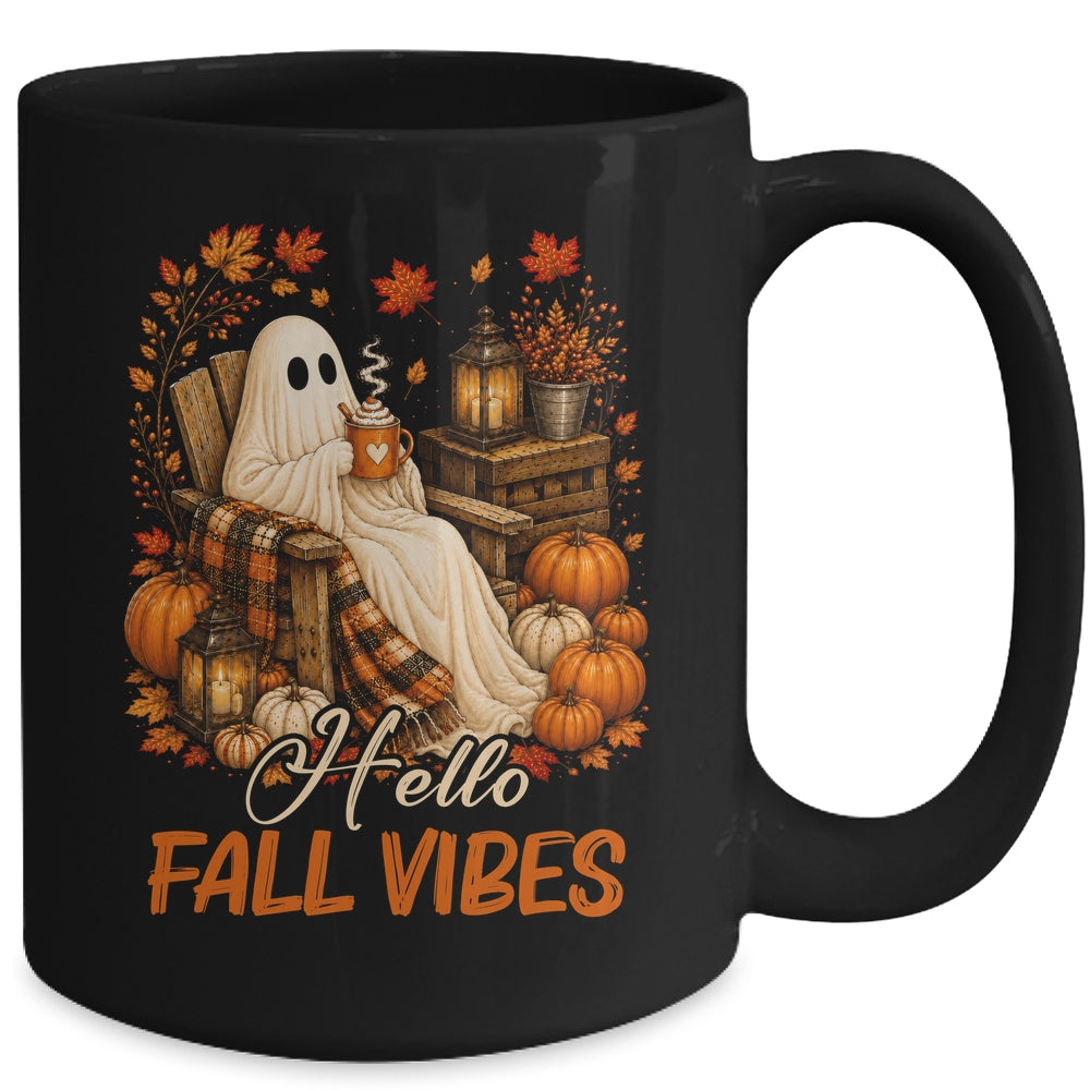 Hello Fall Vibes Ghost Cute Autumn Pumpkin Spooky Season Mug | teecentury