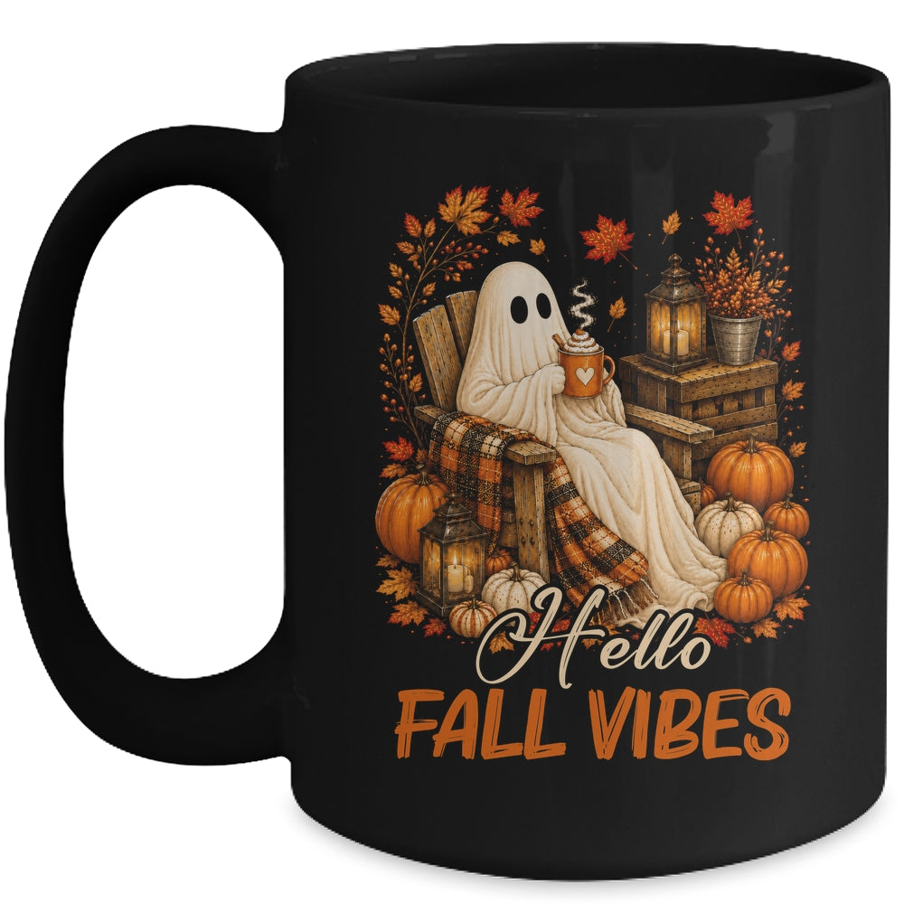 Hello Fall Vibes Ghost Cute Autumn Pumpkin Spooky Season Mug | teecentury