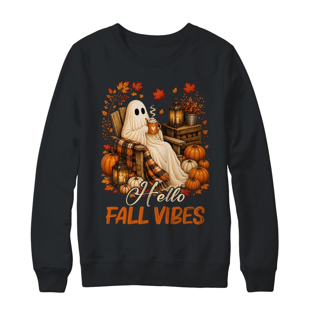 Hello Fall Vibes Ghost Cute Autumn Pumpkin Spooky Season Shirt & Sweatshirt | teecentury