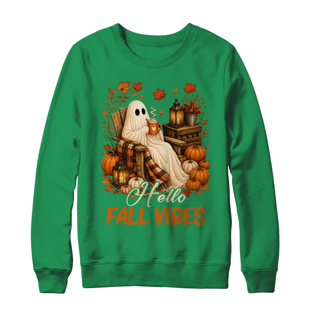 Hello Fall Vibes Ghost Cute Autumn Pumpkin Spooky Season Shirt & Sweatshirt | teecentury