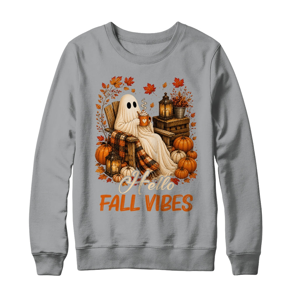 Hello Fall Vibes Ghost Cute Autumn Pumpkin Spooky Season Shirt & Sweatshirt | teecentury