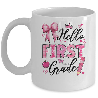 Hello First Grade First Day Of School Coquette Teacher Girl Mug | teecentury