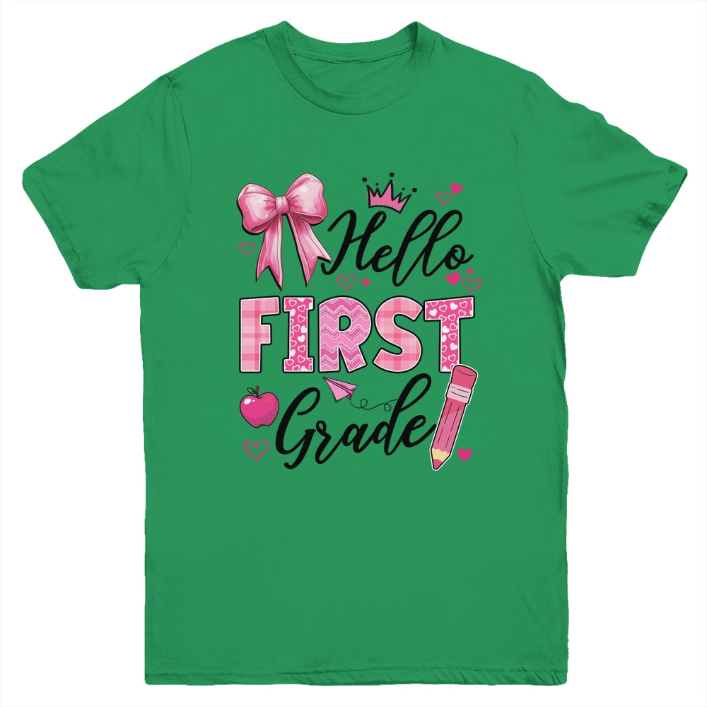 Hello First Grade First Day Of School Coquette Teacher Girl Youth Shirt | teecentury