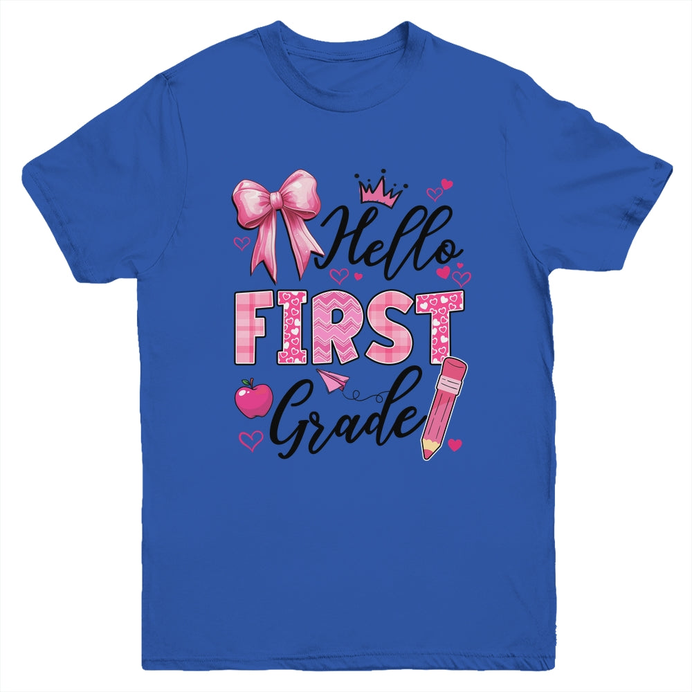 Hello First Grade First Day Of School Coquette Teacher Girl Youth Shirt | teecentury