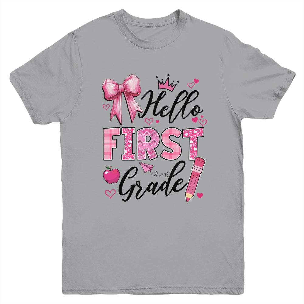 Hello First Grade First Day Of School Coquette Teacher Girl Youth Shirt | teecentury