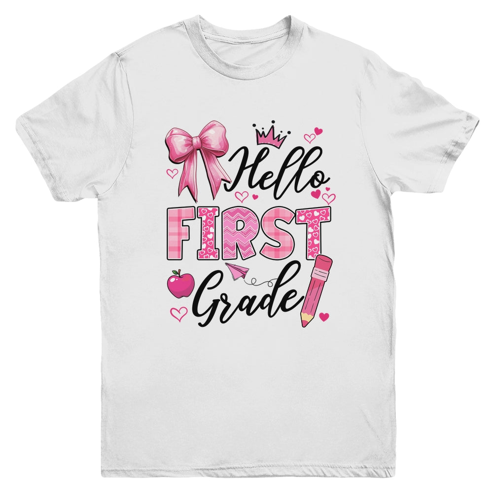 Hello First Grade First Day Of School Coquette Teacher Girl Youth Shirt | teecentury