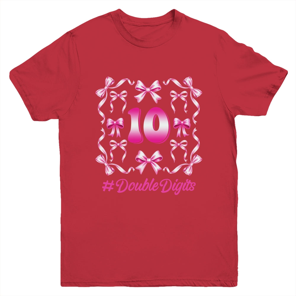 Hello Ten Double Digits Pink Coquette Bow 10th Birthday Girl Youth Shirt | teecentury