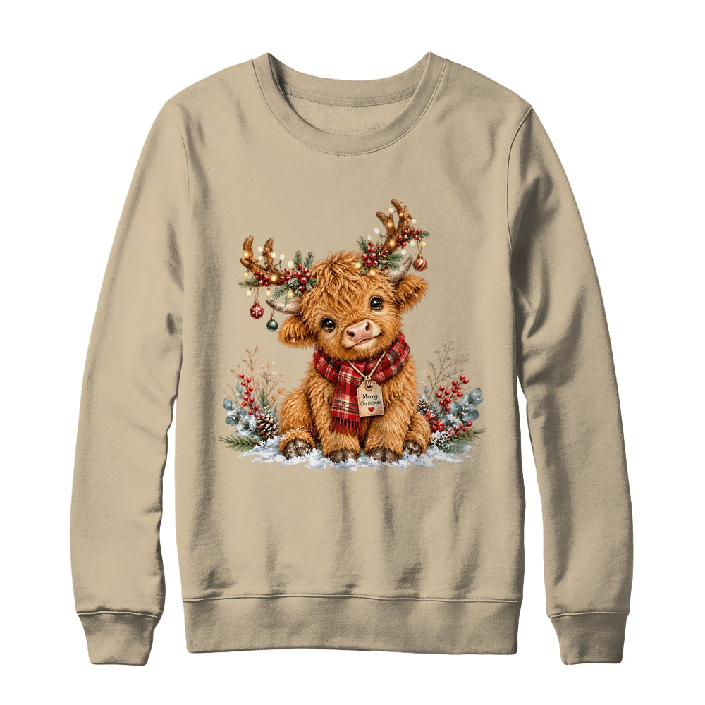 Highland Cow Christmas Watercolor Holiday Cute Women Girl Shirt & Sweatshirt | teecentury