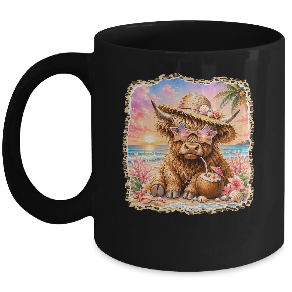 Highland Cow Cute Cow Summer Beach Leopard Women Girl Mug | teecentury