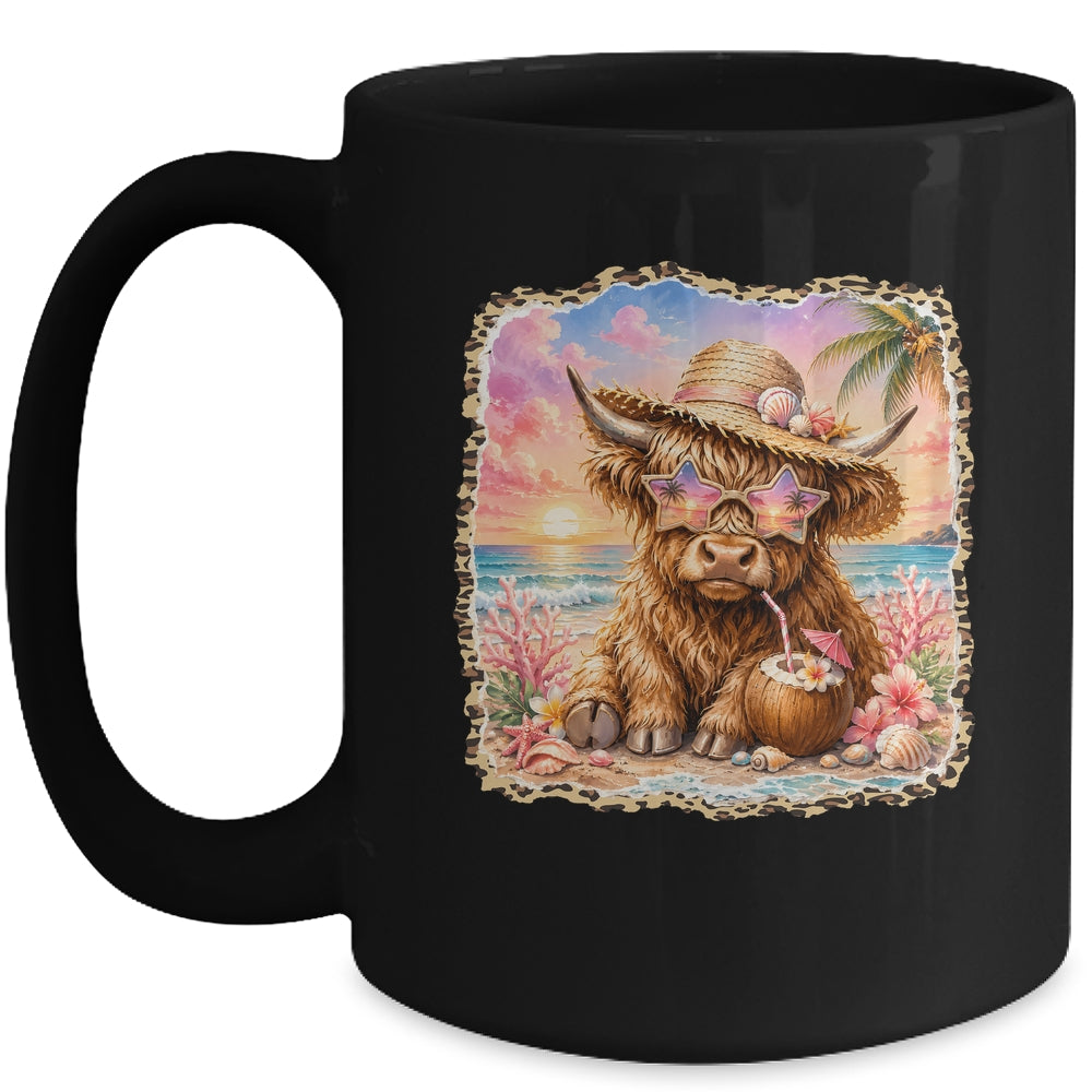 Highland Cow Cute Cow Summer Beach Leopard Women Girl Mug | teecentury