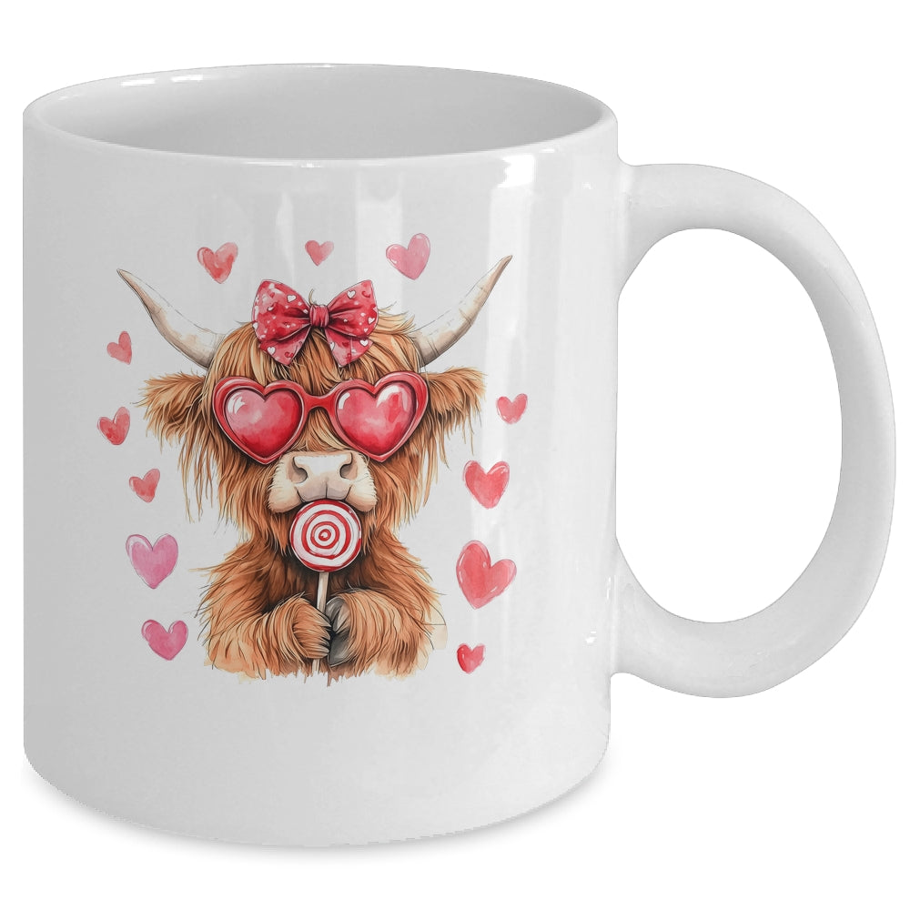 Highland Cow Valentine Coquette Valentine's Day Retro Heart Mug | teecentury