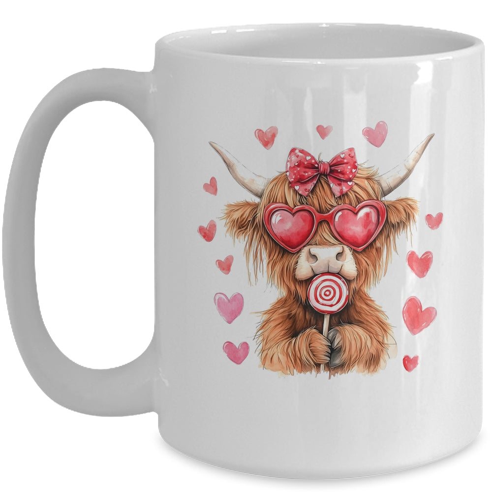 Highland Cow Valentine Coquette Valentine's Day Retro Heart Mug | teecentury