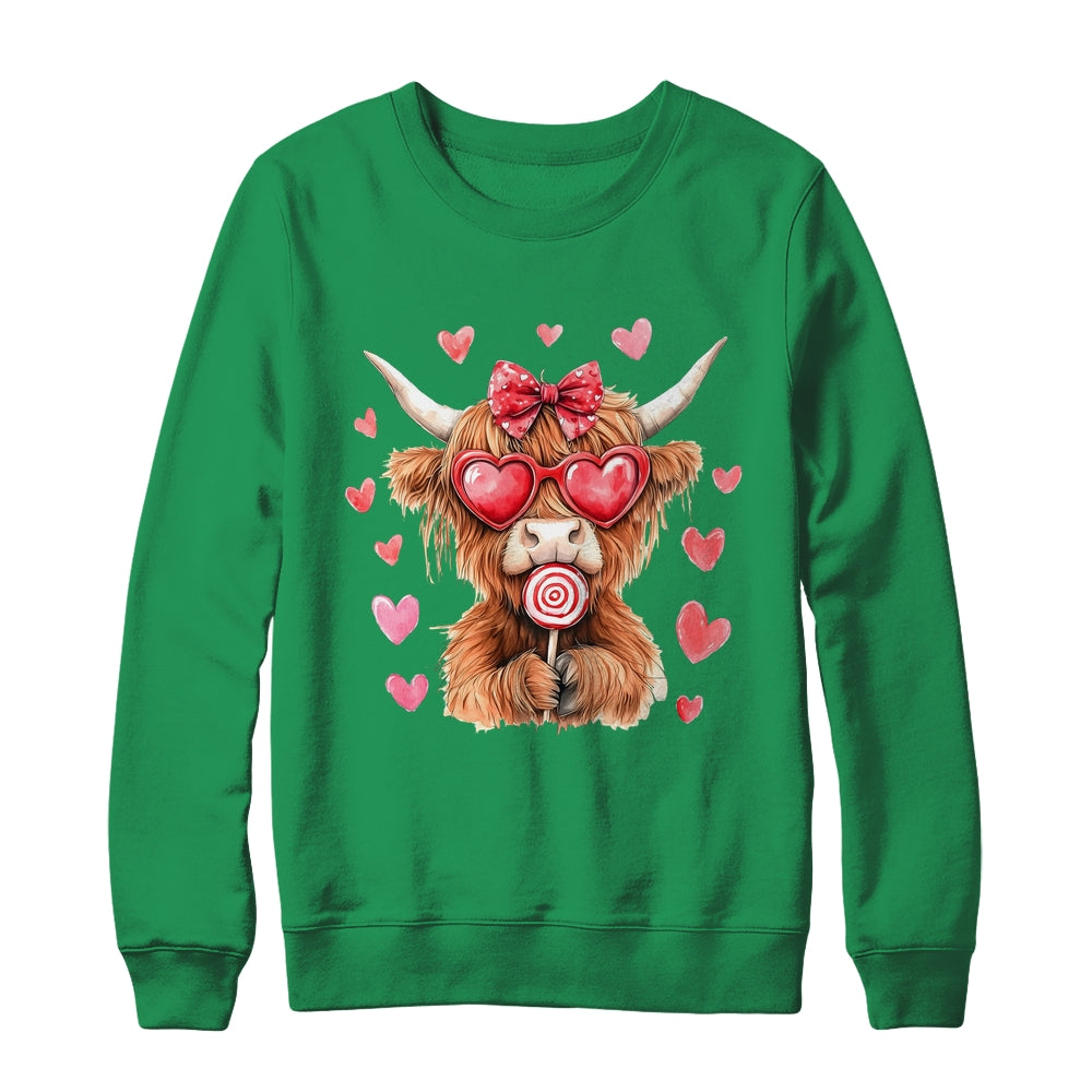 Highland Cow Valentine Coquette Valentine's Day Retro Heart Shirt & Sweatshirt | teecentury