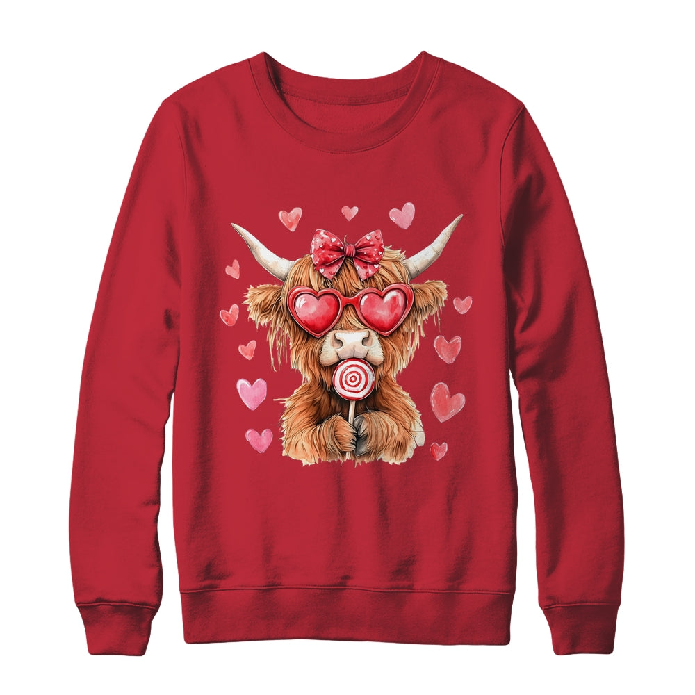 Highland Cow Valentine Coquette Valentine's Day Retro Heart Shirt & Sweatshirt | teecentury