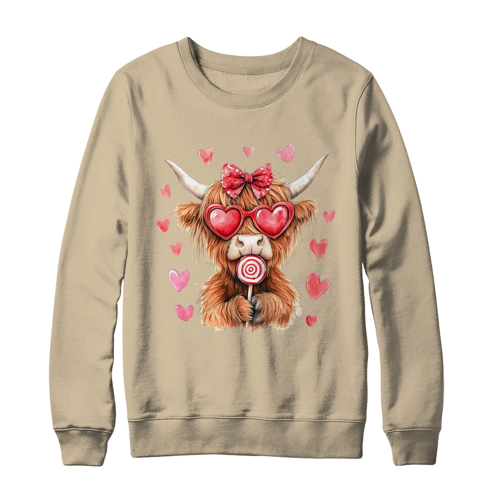 Highland Cow Valentine Coquette Valentine's Day Retro Heart Shirt & Sweatshirt | teecentury