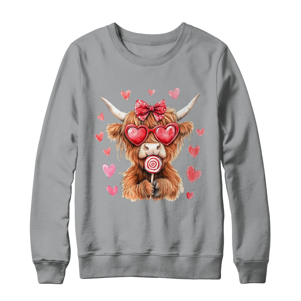 Highland Cow Valentine Coquette Valentine's Day Retro Heart Shirt & Sweatshirt | teecentury