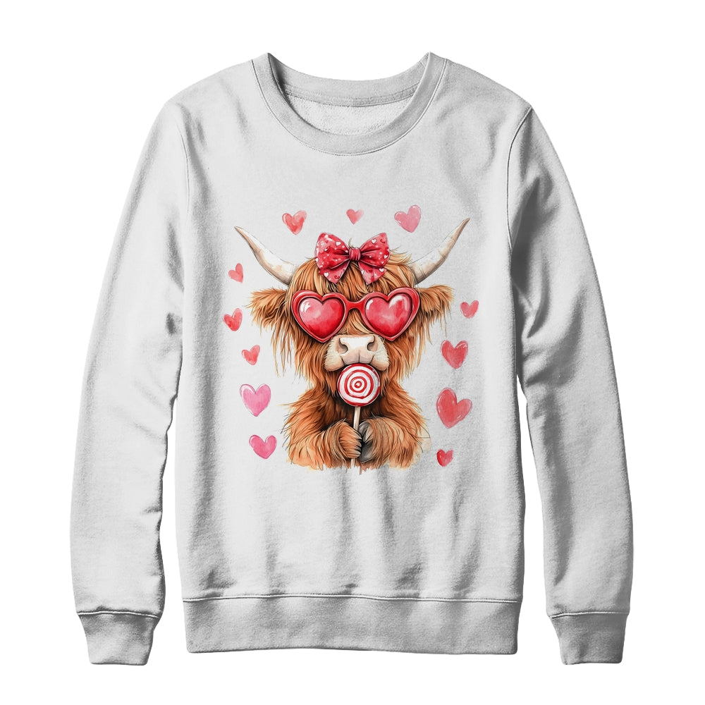 Highland Cow Valentine Coquette Valentine's Day Retro Heart Shirt & Sweatshirt | teecentury
