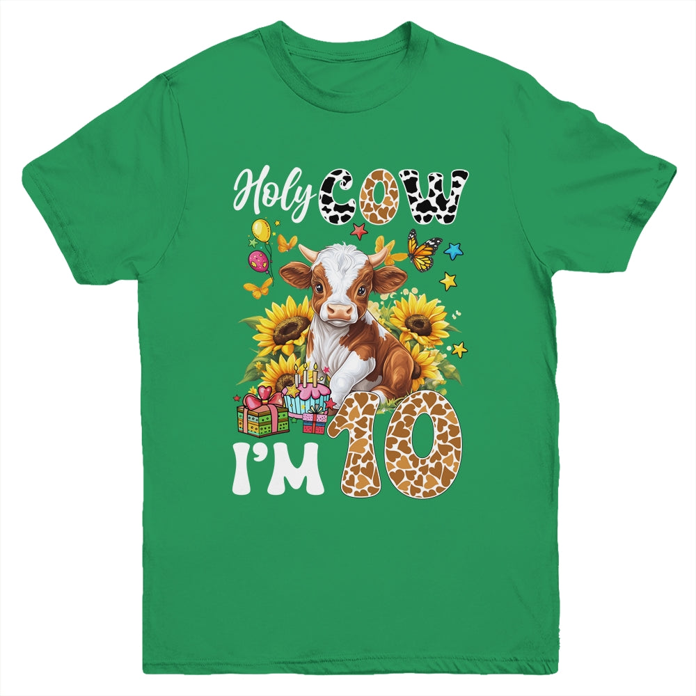 Holy Cow I'm 10 Years Old Farm Cow Sunflowers 10th Birthday Youth Shirt | teecentury